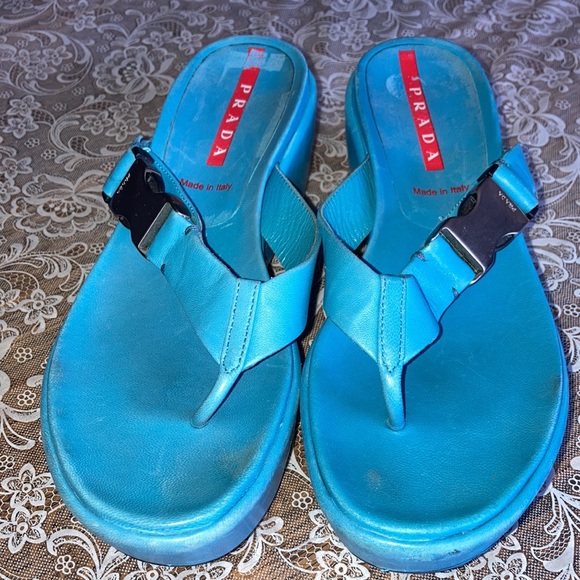 PRADA platform grayed-blue (1stpic), thong sandals, st buckles $192 - Picture 2 of 10